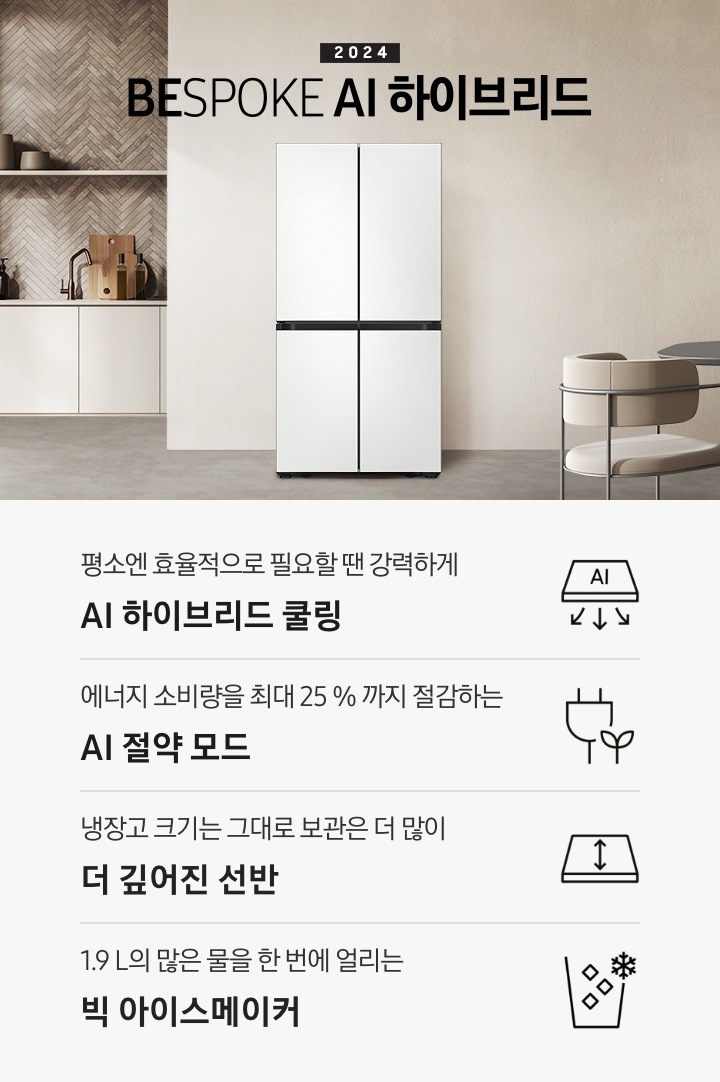 2024 BESPOKE AI 하이브리드 프리스탠딩 냉장고 인테리어컷입니다. 베이지톤 주방의 중앙에 BESPOKE 냉장고 4도어 프리스탠딩 코타 화이트 모델이 설치되어 있습니다. 좌측 끝에는 나무가 우거진 창이 보이고 그 우측으로 베이지색 패널이 설치된 하부장 위에 수전과 다양한 오브제가 놓여있습니다. 냉장고 우측에는 짙은 우드톤 테이블과 베이지톤 의자가 놓여있고 위에 조명이 설치되어 있습니다. 인테리어컷 하단에는 4POD 아이콘과 문구가 나와있습니다. 평소엔 효율적으로 필요할땐 강력하게 AI 하이브리드 맞춤냉각 문구와 아이콘, 에너지 소비량을 최대 25%까지 절감하는 AI 절약 모드 문구와 에너지 절약 아이콘, 냉장고 크기는 그대로 보관은 더 많이 더 깊어진 선반 문구와 아이콘, 1.9L의 많은 물을 한 번에 얼리는 빅 아이스메이커 문구와 아이콘이 나와있습니다.