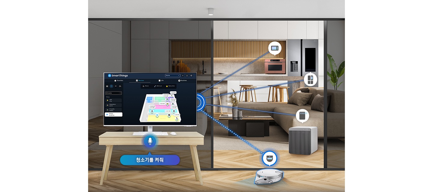 방 안에 스마트 모니터와 로봇 청소기가 있고 방 바깥에는 주방과 거실의 모습이 있습니다. 주방에는 큐커와 냉장고가 있고 거실에는 공기청정기가 있습니다. 모든 장치는 모니터와 연결되어 있는 것을 확인할 수 있고, 모니터 아래에는 청소기를 켜세요 라는 음성 명령을 실행하고 있는 모습이 연출되어 있습니다.