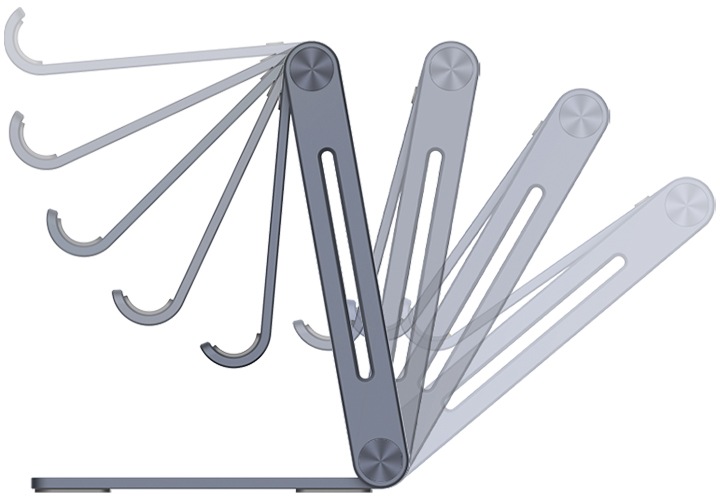 유니버셜 메탈 스탠드를 오른쪽 부분에서 바라보며 조절 가능한 각도를 보여주는 이미지입니다.