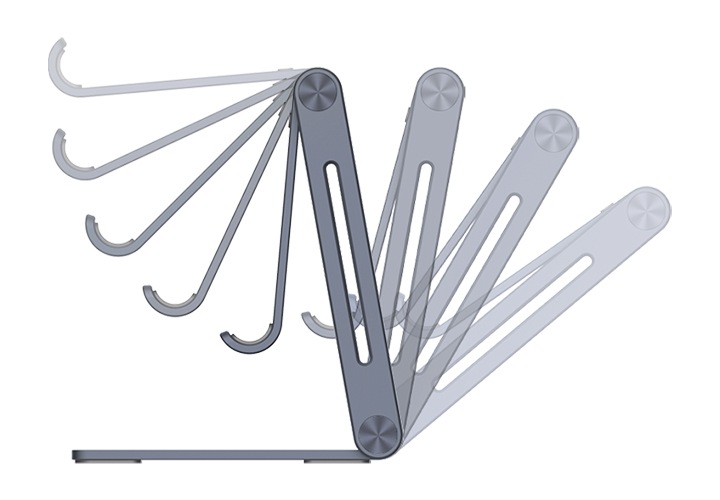 유니버셜 메탈 스탠드를 오른쪽 부분에서 바라보며 조절 가능한 각도를 보여주는 이미지입니다.