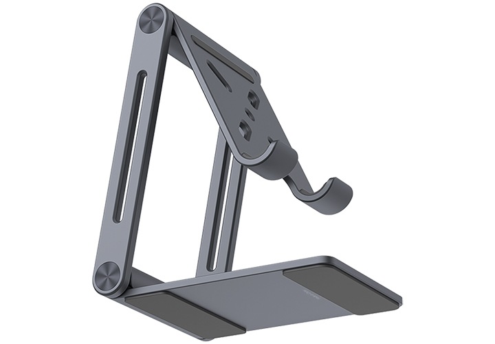 유니버셜 메탈 스탠드를 스마트폰을 거치할 수 있도록 펼쳐 놓은 뒤 왼쪽 아래 부분에서 위로 올려본 이미지 입니다.