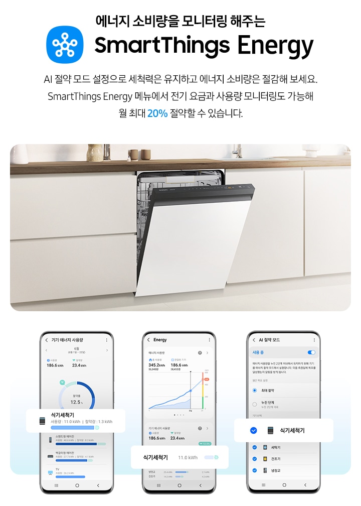 에너지 소비량을 모니터링 해주는 SmartThings Energy. AI 절약 모드 설정으로 세척력은 유지하고 에너지 소비량은 절감해 보세요. SmartThings Energy 메뉴에서 전기 요금과 사용량 모니터링도 가능해 월 최대 20% 절약할 수 있습니다. 문구 하단에는 이미지가 나와있습니다. 왼쪽 이미지는 베이지톤 하부장 패널에 BESPOKE 식기세척기 화이트 컬러 모델 문이 조금 열린 채 설치되어 있습니다. 오른쪽 이미지는 기기 에너지 사용량과 Energy, AI 절약 모드를 표시하고 있는 핸드폰 UI화면이 순서대로 나열되어 있습니다.