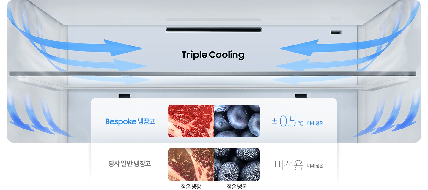 냉장고 상칸 내상컷 벽면에 냉기가 감돌고 천장 틈새에서 냉기가 나오는 방향을 화살표로 표현하고 있습니다. Bespoke 냉장고와 당사 일반 냉장고에서 각각 보관시정온 냉장에서 고기의 상태와 정온 냉동에서 블루베리의 상태를 나타내는 이미지 입니다. Bespoke 냉장고 ±0.5℃ 미세적용이 적용되며, 당사 일반 냉장고는 미세 정온 미적용입니다.