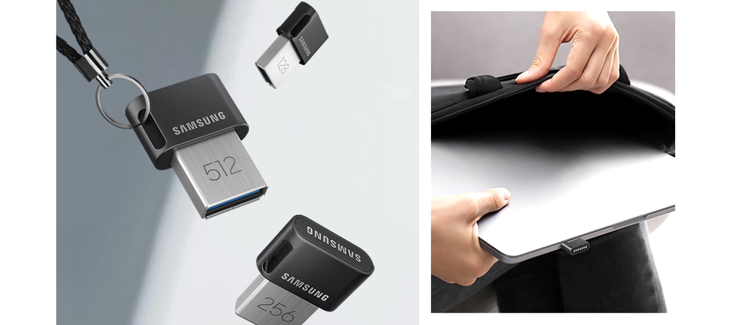 키링을 제품의 연결한 후 떨어지는 모습의 이미지와 제품을 노트북에 연결한 후 가방에 넣고 있는 이미지가 왼쪽에서 오른쪽으로 나열되어 있습니다.