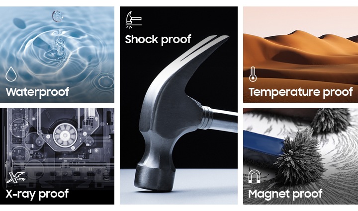 왼쪽 윗부분의 이미지는 물의 튀기는 이미지와 이미지 왼쪽 하단에 water proof 텍스트와 물방울 아이콘이 그려져 있습니다. 왼쪽&nbsp;하단 부분의&nbsp;이미지는 핸드폰의 안쪽 부분을 보여주는 이미지와 왼쪽 하단에 X-ray proof 텍스트와 X-ray 아이콘이 그려져 있습니다. 오른쪽 윗부분 이미지는 사막의 이미지와 이미지 왼쪽 하단에 Temperature proof 텍스트와 온도계 아이콘이 그려져 있고 오른쪽&nbsp;아랫부분&nbsp;이미지는 자석에&nbsp;철 가루가&nbsp;붙어있는 이미지와 왼쪽 하단 부분에 Magnet proof 텍스트와 U자 자석 아이콘이 그려져 있습니다. 중간 이미지는 망치의 머리 부분이 바닥으로 떨어지는 이미지와 왼쪽&nbsp;상단부분에&nbsp;Shock proof 텍스트와 망치가 바닥으로 떨어져 충격을 받는 아이콘이 그려져 있습니다.