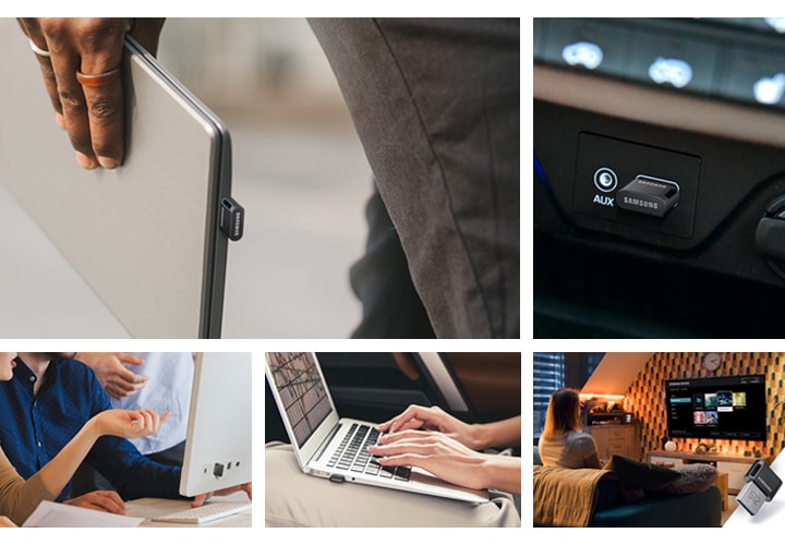 왼쪽&nbsp;상단부분의&nbsp;이미지는 제품을 노트북에 연결하여&nbsp;한 손으로&nbsp;들고 이동하고 있는 이미지와 이미지 오른쪽&nbsp;상단부분에는&nbsp;제품을 자동차에 연결한 부분을 확대하여 보여주는 이미지, 이미지 왼쪽 하단 부분에는 모니터에 제품을 연결하여 사람들이 화면을 보며 대화하고 있는 이미지, 이미지 중간 부분에는 제품을 노트북에 연결하여 작업하고 있는 이미지, 이미지 오른쪽 하단 부분에는 TV와 제품 정면 이미지가 보이고 있습니다.