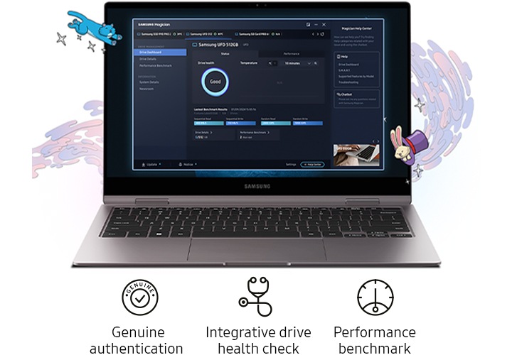 흰색 배경에 노트북이 켜진 화면에 Magician 소프트웨어를 사용하는 화면을 보여주는 이미지입니다. 노트북 뒤에는 액체가 흘러가는 그림 주위로 고양이 그림과 모자 안에 토끼가 있는 그림이&nbsp;둘러싸여&nbsp;있고 이미지 중앙 하단에는 왼쪽에서 순서대로 Genuine authentication 텍스트와 동그란 원 안에 체크 표시 아이콘, Intergrative drive health check 텍스트와 청진기 모양의 아이콘, Performance benchmark 텍스트와 동그란 원 안에 눈금과 눈금을&nbsp;가리키는&nbsp;아이콘이 있습니다.