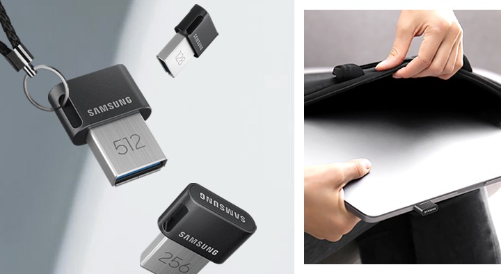 키링을 제품의 연결한 후 떨어지는 모습의 이미지와 제품을 노트북에 연결한 후 가방에 넣고 있는 이미지가 왼쪽에서 오른쪽으로 나열되어 있습니다.