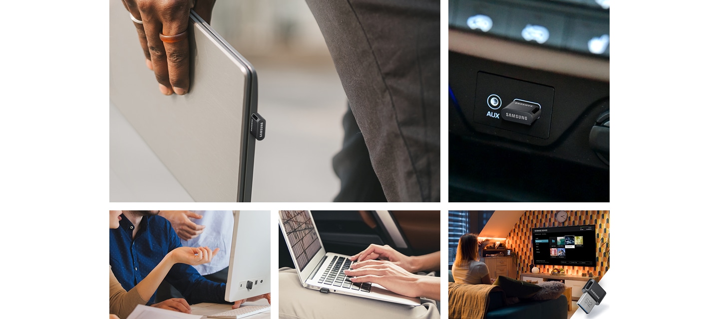 왼쪽&nbsp;상단부분의&nbsp;이미지는 제품을 노트북에 연결하여&nbsp;한 손으로&nbsp;들고 이동하고 있는 이미지와 이미지 오른쪽&nbsp;상단부분에는&nbsp;제품을 자동차에 연결한 부분을 확대하여 보여주는 이미지, 이미지 왼쪽 하단 부분에는 모니터에 제품을 연결하여 사람들이 화면을 보며 대화하고 있는 이미지, 이미지 중간 부분에는 제품을 노트북에 연결하여 작업하고 있는 이미지, 이미지 오른쪽 하단 부분에는 TV와 제품 정면 이미지가 보이고 있습니다.