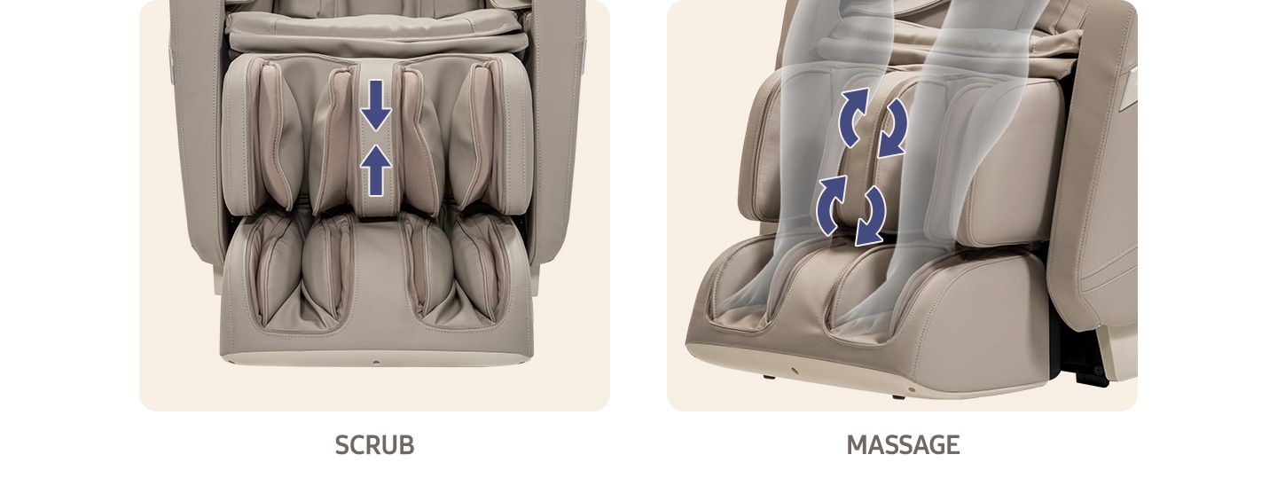 좌측엔 스크럽 기능을 수행하고 있는 안마의자가 다리 부분이 확대되어 보여지며 다리의 있는 에어백이 강력하게 위아래로 비벼주는 듯한 보습이 보여집니다. 우측엔 마사지 기능으로 좌측과 동일하게 마사지 다리부분이 확대되어 보여지며 위아래가 아니 원형을 그리는듯이 마사지 하는 형상이 보여집니다. 