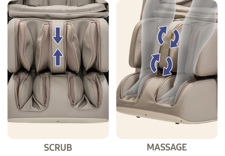 좌측엔 스크럽 기능을 수행하고 있는 안마의자가 다리 부분이 확대되어 보여지며 다리의 있는 에어백이 강력하게 위아래로 비벼주는 듯한 보습이 보여집니다. 우측엔 마사지 기능으로 좌측과 동일하게 마사지 다리부분이 확대되어 보여지며 위아래가 아니 원형을 그리는듯이 마사지 하는 형상이 보여집니다. 