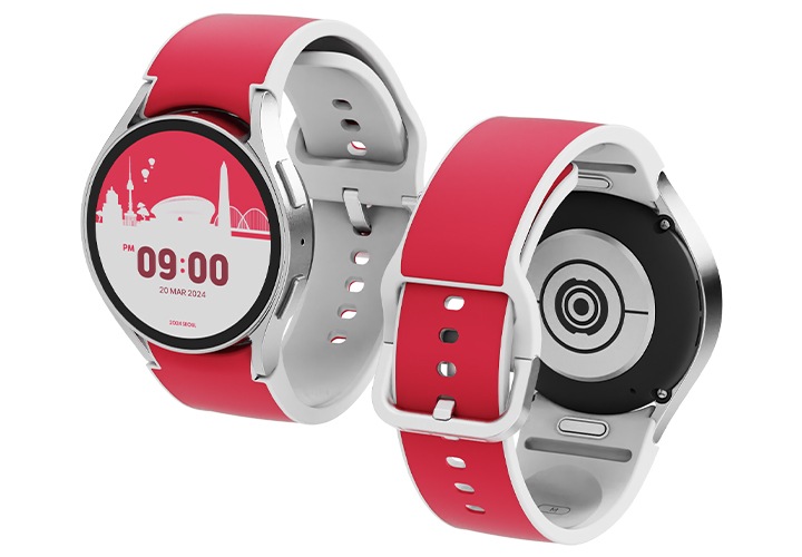 갤럭시 워치 스카이코랄 비비드 스트랩 (2024 서울색)을 단말에 장착하여 동그랗게 말은 정면 이미지와 뒷면 이미지를 왼쪽에서 오른쪽으로 나열한 이미지입니다.