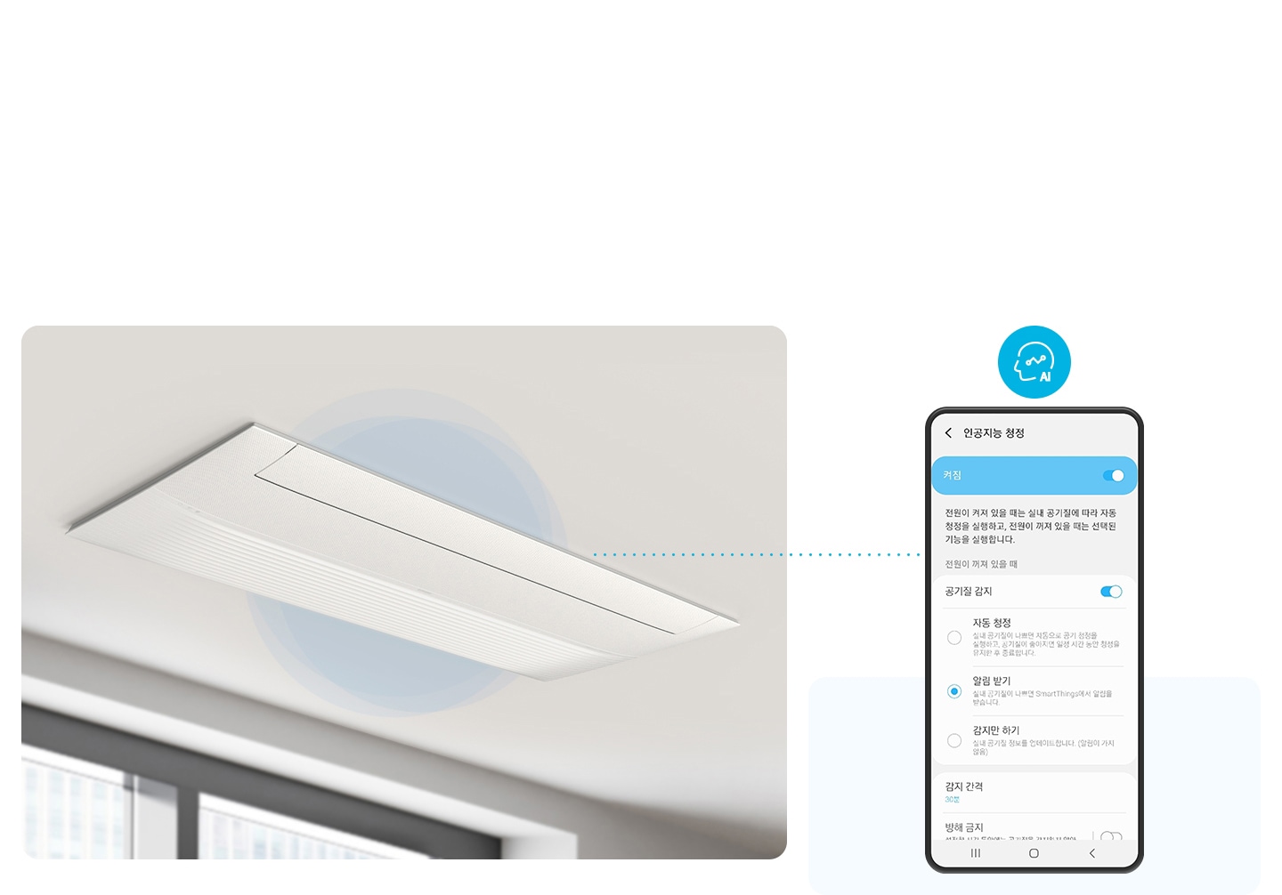 좌측엔 천장에 설치되어있는 인피니트 무풍 시스템에어컨이 보여지고 우측엔 모바일 디바이스 ui 화면이 보여집니다. 화면엔 인공지능 청정 화면이 보여지고 켜짐 상태가 되어있으며 공기질 감지가 활성화되어있고 알림 받기가 활성화 되어있는 모습이 보여집니다.