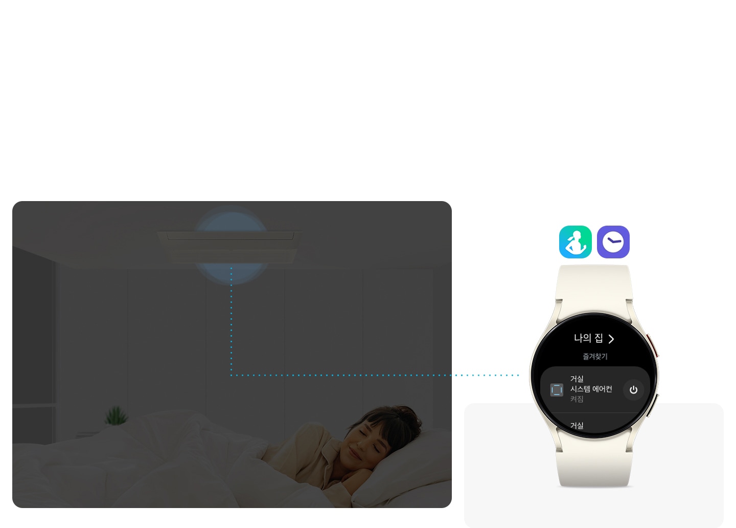 좌측엔 방안의 모습이 보여지고 천장에 인피니트 무풍시스템에어컨이 설치되어있는 모습이 보여지고 방안에 침대위 성인 여성이 옆으로 화면쪽으로돌아 누워 자고있는 모습이 보여집니다. 우측엔 갤럭시 워시 6모델이 모여지며 화면의 나의집이 보여지고 즐겨찾기 안에 거실 시스템 에어컨 을 작동할 수 있는 전원의 아이콘과 함께 보여집니다. 갤럭시 워치 6 위에는 헬스 와 시계 모양의 아이콘이 함께 보여집니다.