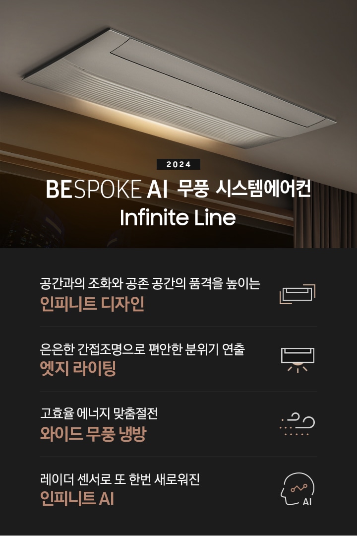 밤 거실에 천장에 비스포크 인피니트 시스템에어컨이 설치되어 있어 보이며 엣지라이팅이 활성화 되어 있는 모습이 보여지고 그아래 2024 BESPOKE AI 무풍 시스템에어컨 Infinite Line 타이틀이 보여집니다. 하단엔 4개의 키포인트가 아이콘과 함께 보여지며 좌측 부터 시스템에어컨 아아콘과 함께 공간과의 조화와 공존 공간의 품격을 높이는 인피니트 디자인, 불이 나오는 듯한 시스템에어컨 아이콘과 함께  은은한 간접조명으로 편안한 분위기 연출 엣지 라이팅, 바람 형상의 아이콘과 함께 고효율 에너지 맞춤 절전 와이드 무풍 냉방, 사람 모양의 AI 가 써져있는 아이콘과 함께 레이더 센서로 또 한번 새로워진 인피니트 AI 문구가 보여집니다.