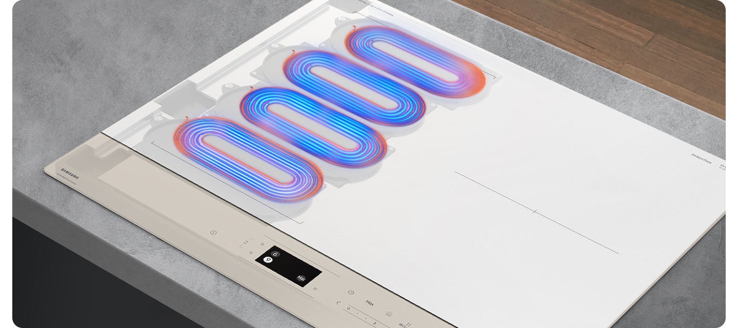 오른쪽 상단에는 진한 갈색의 마룻 바닥이 보입니다. 그 아래 회색 상판이 깔린 주방 테이블 위로 전기 레인지가 설치되어 있는 모습이 보입니다. 전기 레인지의 왼쪽 콰트로 플렉스 존 영역이 투명하게 비쳐 내부 가열 영역 4곳의 열선이 파란색과 빨간색의 선들로 표현되어 있습니다.