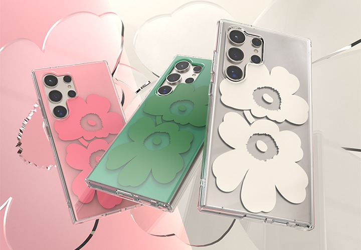 핑크색과 베이지 색상이 반반 칠해져 있는 배경에 갤럭시 S24 Ultra 우니꼬 듀얼 레이어 케이스 (핑크) 제품을 장착 후 왼쪽으로 15도 기울어진 정면 이미지, 갤럭시 S24 Ultra 우니꼬 듀얼 레이어 케이스 (그린) 제품을 장착 후 뒤로 50도 눕힌 뒤에 오른쪽으로 30도 기울어진 정면 이미지, 갤럭시 S24 Ultra 우니꼬 듀얼 레이어 케이스 (투명) 제품을 장착 후 오른쪽으로 10도 기울어진 정면 이미지가 왼쪽에서 오른쪽으로 약간씩 겹쳐져 나열되어 있습니다.