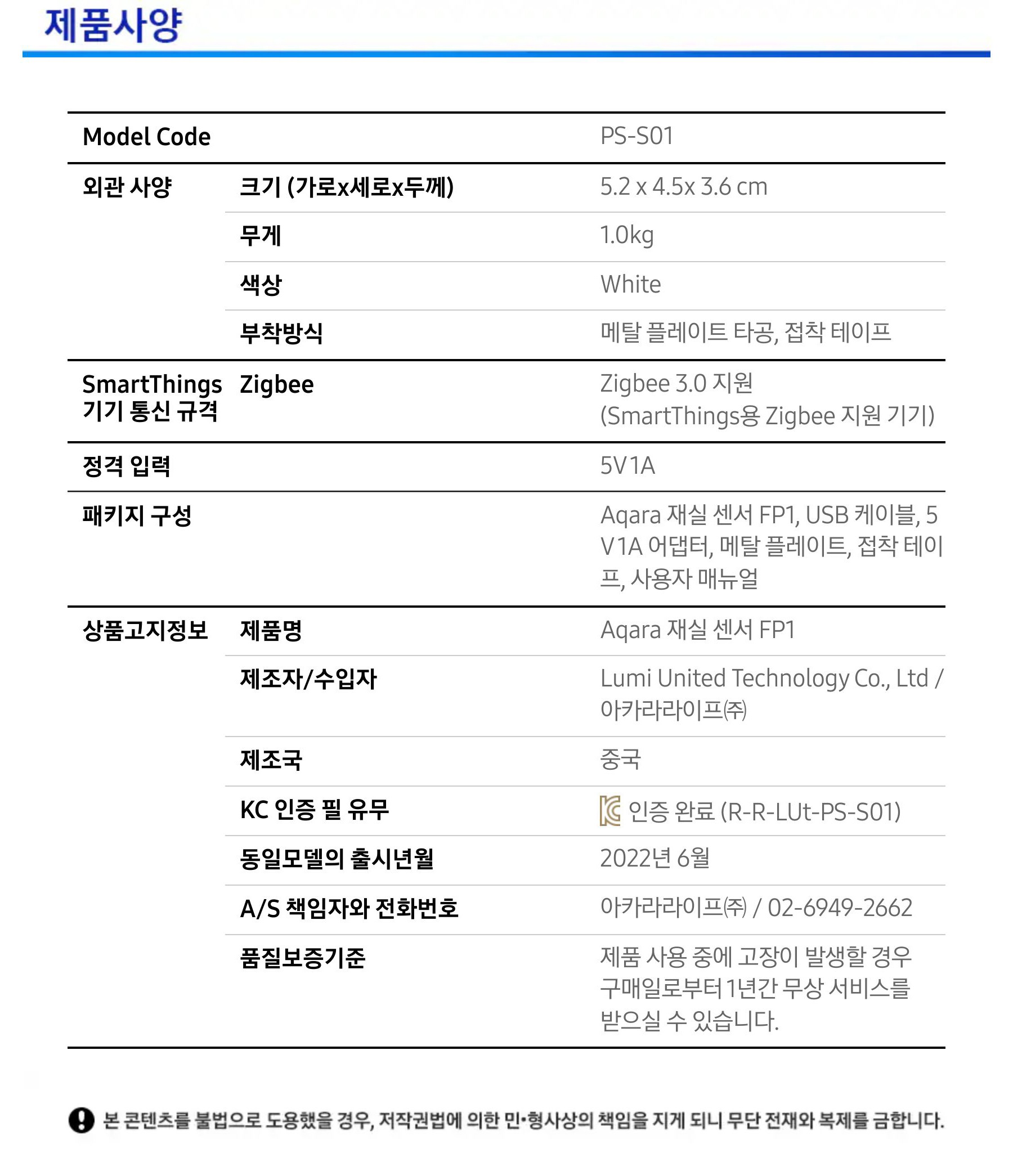 Aqara_Presence Sensor FP1_Spec