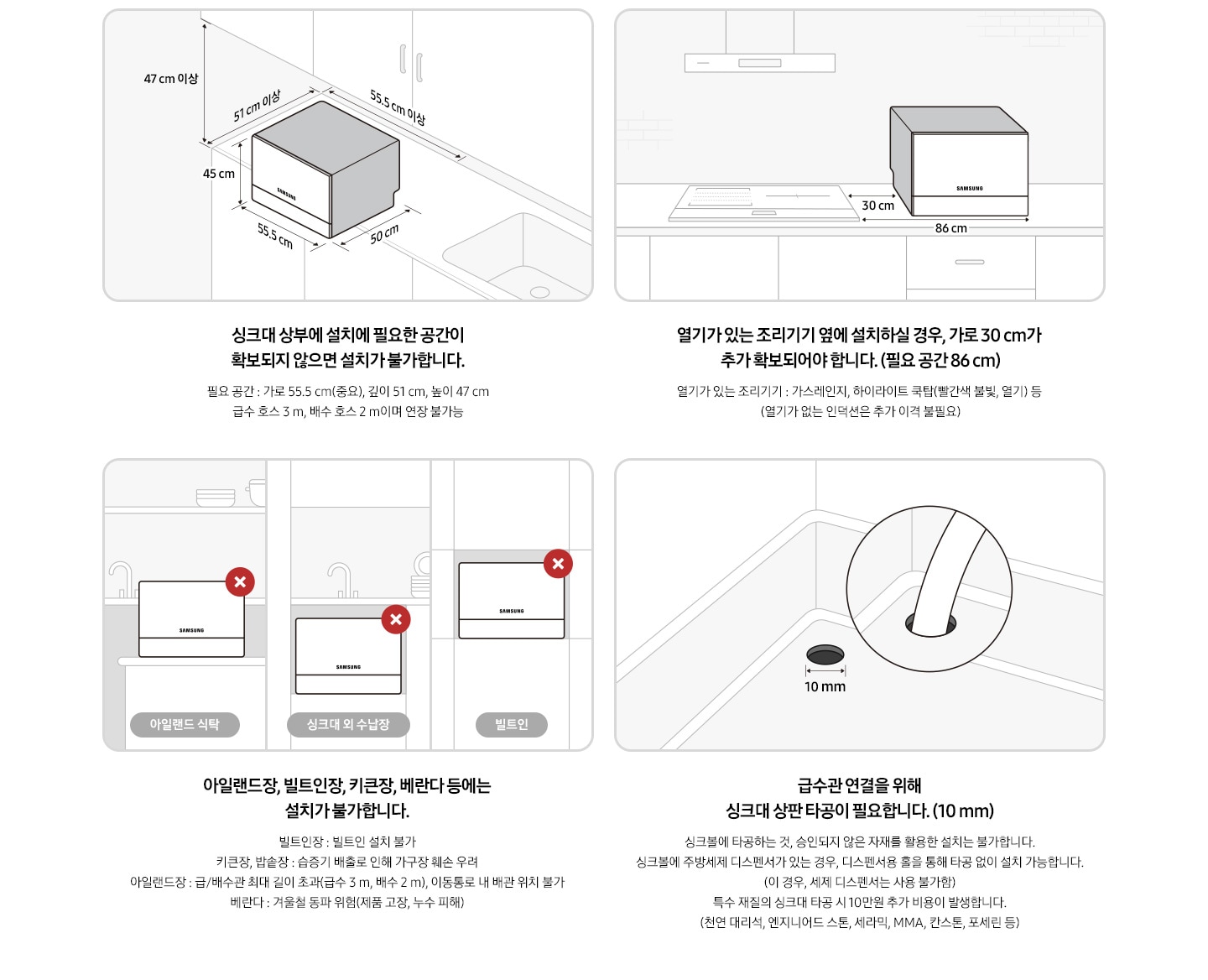 6인용 식기세척기 카운터탑 구매 전 유의사항에 대한 이미지 입니다. 좌측 상단 첫번째 이미지:싱크대 상단 우측에서 내려다 본 이미지의 일러스트컷 입니다. 싱크대 위에 6인용 식기세척기 카운터탑이 놓여있습니다. 제품 가로 사이즈 55.5cm, 세로 사이즈 50cm, 높이 45cm 입니다. 싱크대 상부에 설치에 필요한 공간이 확보되지 않으면 설치가 불가합니다. 필요 공간-가로 55.5cm(중요), 깊이 51cm, 높이 47cm, 급수 호스 3m, 배수 호스 2m이며 연장 불가능. 우측 상단 두번째 이미지: 싱크대 정면에서 내려다 본 이미지의 일러스트컷 입니다. 싱크대 위에 6인용 식기세척기 카운터탑이 놓여있습니다. 가스레인지, 하이라이트 쿡탑 등 열기가 있는 조리기기 옆에 설치 할 경우 여유 공간이 확보되어야 합니다. 추가 확보 공간-30cm, 필요 공간-86cm 좌측 하단 세번째 이미지: 아일랜드 식탁, 싱크대 외 수납장, 빌트인 형식에 6인용 식기세척기 카운터탑이 놓여있는 이미지의 일러스트컷 입니다. 해당 형식에는 설치가 불가합니다. 빌트인장: 빌트인 설치 불가 합니다. 키큰장, 밥솥장: 습증기 배출로 인해 가구장 훼손 우려가 있습니다. 아일랜드장: 급/배수관 최대 길이 초과(급수 3m, 배수 2m), 이동통로 내 배관 위치 불가 합니다. 베란다: 겨울철 제품 고장, 누수 피해 등 동파 위험 있습니다. 우측 하단 네번째 이미지: 싱크볼 내 상판 타공 이미지의 일러스트컷 입니다. 급수관 연결을 위해 싱크대 상판 타공이 필요합니다. 타공 필요 길이: 10mm. 싱크볼에 타공하는 것, 승인되지 않은 자재를 활용한 설치는 불가 합니다. 싱크볼에 주방세제 디스펜서가 있는 경우, 디스펜서용 홀을 통해 타공 없이 설치 가능합니다. (이 경우, 세제 디스펜서는 사용 불가) 특수 재질의 싱크대 타공 시 10만원 추가 비용이 발생합니다. (천연 대리석, 엔지니어드 스톤, 세라믹, MMA, 칸스톤, 포세린 등)