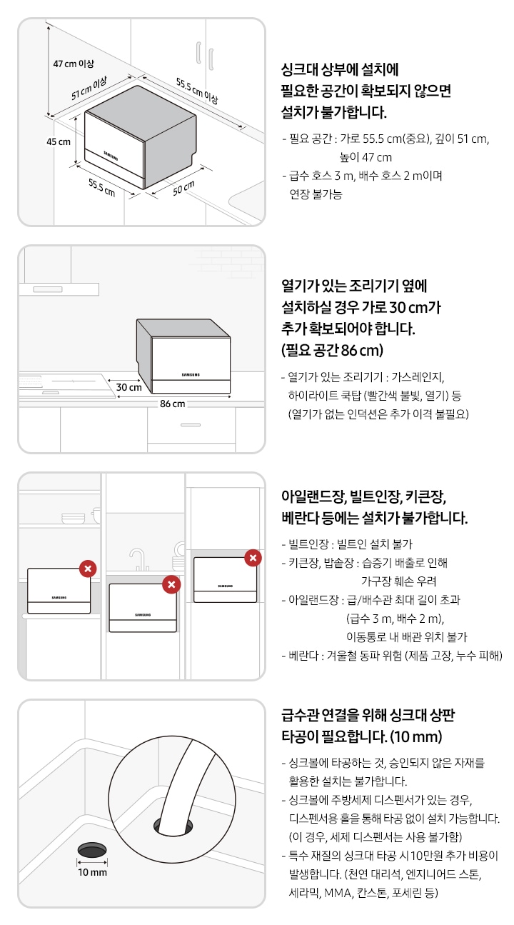 6인용 식기세척기 카운터탑 구매 전 유의사항에 대한 이미지 입니다. 좌측 상단 첫번째 이미지:싱크대 상단 우측에서 내려다 본 이미지의 일러스트컷 입니다. 싱크대 위에 6인용 식기세척기 카운터탑이 놓여있습니다. 제품 가로 사이즈 55.5cm, 세로 사이즈 50cm, 높이 45cm 입니다. 싱크대 상부에 설치에 필요한 공간이 확보되지 않으면 설치가 불가합니다. 필요 공간-가로 55.5cm(중요), 깊이 51cm, 높이 47cm, 급수 호스 3m, 배수 호스 2m이며 연장 불가능. 우측 상단 두번째 이미지: 싱크대 정면에서 내려다 본 이미지의 일러스트컷 입니다. 싱크대 위에 6인용 식기세척기 카운터탑이 놓여있습니다. 가스레인지, 하이라이트 쿡탑 등 열기가 있는 조리기기 옆에 설치 할 경우 여유 공간이 확보되어야 합니다. 추가 확보 공간-30cm, 필요 공간-86cm 좌측 하단 세번째 이미지: 아일랜드 식탁, 싱크대 외 수납장, 빌트인 형식에 6인용 식기세척기 카운터탑이 놓여있는 이미지의 일러스트컷 입니다. 해당 형식에는 설치가 불가합니다. 빌트인장: 빌트인 설치 불가 합니다. 키큰장, 밥솥장: 습증기 배출로 인해 가구장 훼손 우려가 있습니다. 아일랜드장: 급/배수관 최대 길이 초과(급수 3m, 배수 2m), 이동통로 내 배관 위치 불가 합니다. 베란다: 겨울철 제품 고장, 누수 피해 등 동파 위험 있습니다. 우측 하단 네번째 이미지: 싱크볼 내 상판 타공 이미지의 일러스트컷 입니다. 급수관 연결을 위해 싱크대 상판 타공이 필요합니다. 타공 필요 길이: 10mm. 싱크볼에 타공하는 것, 승인되지 않은 자재를 활용한 설치는 불가 합니다. 싱크볼에 주방세제 디스펜서가 있는 경우, 디스펜서용 홀을 통해 타공 없이 설치 가능합니다. (이 경우, 세제 디스펜서는 사용 불가) 특수 재질의 싱크대 타공 시 10만원 추가 비용이 발생합니다. (천연 대리석, 엔지니어드 스톤, 세라믹, MMA, 칸스톤, 포세린 등)