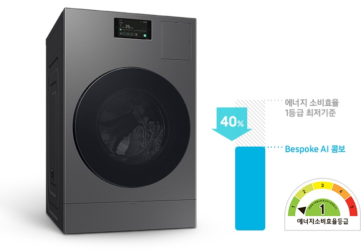 제품의 평생보증 라벨과 에너지소비효율 1등급 라벨을 보여주고 있습니다. 에너지 소비 효율 1등급 최저기준보다 최대 30% 절전 수치와 에너지소비효율등급 로고 있습니다.