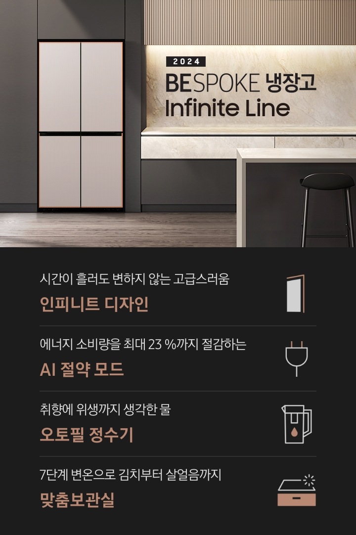 2024 BESPOKE 냉장고 Infinite Line 인테리어컷 입니다. 브라운&베이지톤 주방 인테리어컷으로 좌측에는 통창 밖에 커다란 화분이 놓여있습니다. 그 우측으로 브라운톤의 냉장고장에 인피니트 라인 냉장고 4도어 키친핏 타임리스 그레이지 컬러가 설치되어 있습니다. 냉장고 우측으로는 브라운톤과 베이지색 대리석이 믹스된 하부장 위에 인덕션이 설치되어 있고 그 위로 인피니트 라인 후드가 설치되어 있습니다. 하부장 앞쪽으로는 대리석 아일랜드 식탁과 스툴 2개가 놓여있습니다. 하단에는 인피니트 라인 냉장고 4도어 키친핏을 설명하는 4POD 문구와 아이콘이 있습니다. 시간이 흘러도 변하지 않는 고급스러움 인피니트 디자인 문구와 아이콘, 에너지 소비량을 최대 23%까지 절감하는 AI 절약 모드 문구와 아이콘, 취향에 위생까지 생각한 물 오토필 정수기 문구와 아이콘, 7단계 변온으로 김치부터 살얼음까지 맞춤보관실 문구와 아이콘이 나와있습니다.