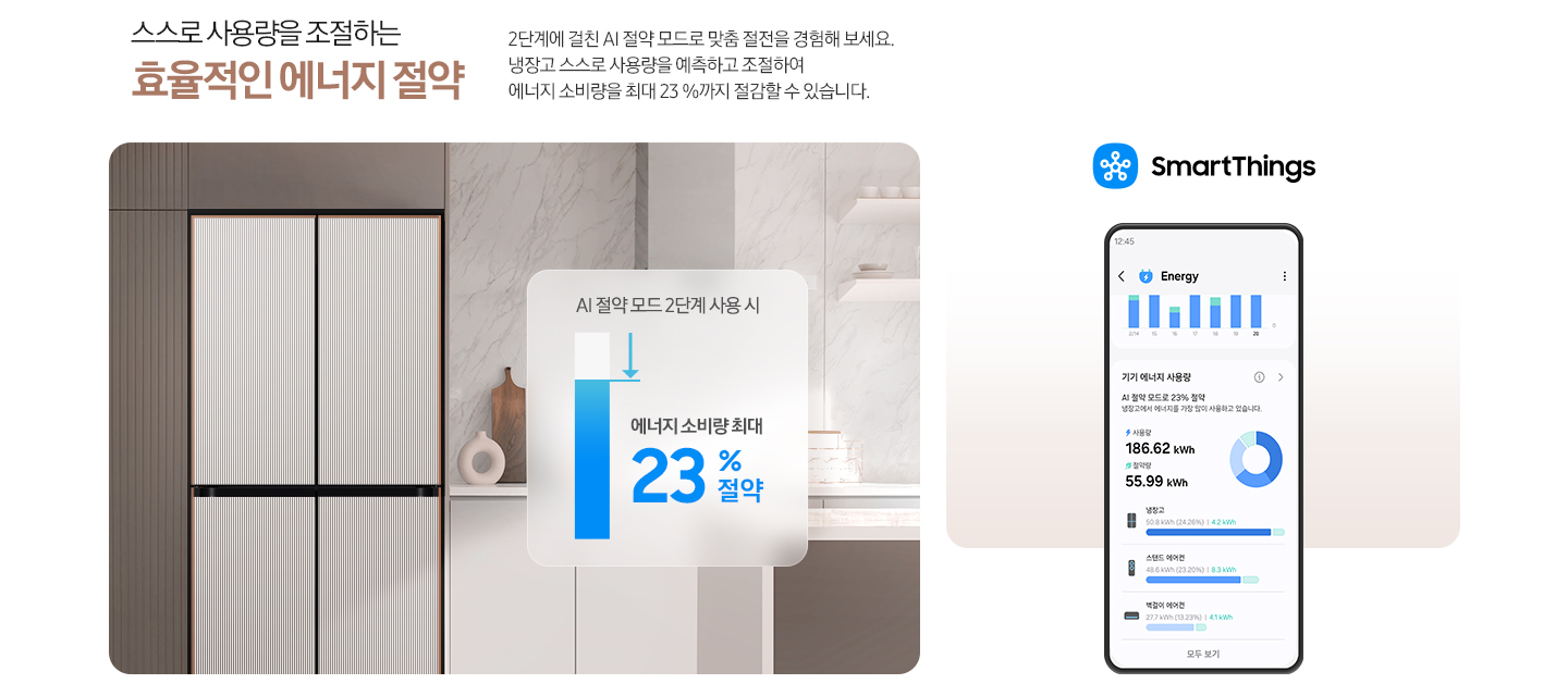 스스로 사용량을 조절하는 효율적인 에너지 절약. 2단계에 걸친 AI 절약 모드로 맞춤 절전을 경험해 보세요. 냉장고 스스로 사용량을 예측하고 조절하여 에너지 소비량을 최대 23%까지 절감할 수 있습니다. 좌측에는 녹색 주방 인테리어컷에 새틴 화이트 투명 도어 키친핏 냉장고가 설치되어 있습니다. 냉장고 우측에는 AI 절약 모드 2단계 사용 시 에너지 소비량 최대 23% 절약 문구와 푸른색 막대그래프가 4/5정도 채워져 있고 하늘색 화살표가 아래로 향하는 이미지컷이 있습니다. 인테리어컷 우측에는 SmartThings 로고가 있고 그 아래에 AI 절약 모드 사용시 기기 에너지 사용량을 제품별로 한 눈에 알 수 있는 Energy 앱 화면이 있습니다.