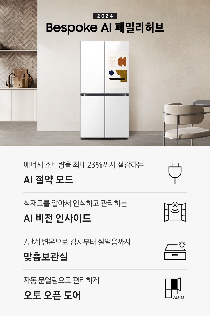 2024 Bespoke AI 패밀리허브 인테리어컷입니다. 베이지톤 주방의 중앙에 Bespoke AI 패밀리허브 글램 화이트 모델이 설치되어 있습니다. 좌측 끝에는 나무가 우거진 창이 보이고 그 우측으로 베이지색 패널이 설치된 하부장 위에 수전과 다양한 오브제가 놓여있습니다. 냉장고 우측에는 짙은 우드톤 테이블과 베이지톤 의자가 놓여있고 위에 조명이 설치되어 있습니다. 인테리어컷 하단에는 4POD 아이콘과 문구가 나와있습니다. 에너지 소비량을 최대 23%까지 절감하는 AI 절약 모드 문구와 에너지 절약 아이콘, 식재료를 알아서 인식하고 관리하는 AI 비전 인사이드 문구와 아이콘, 7단계 변온으로 김치부터 살얼음까지 맞춤보관실 문구와 아이콘, 자동 문열림으로 편리하게 오토 오픈 도어 문구와 아이콘이 나와있습니다.