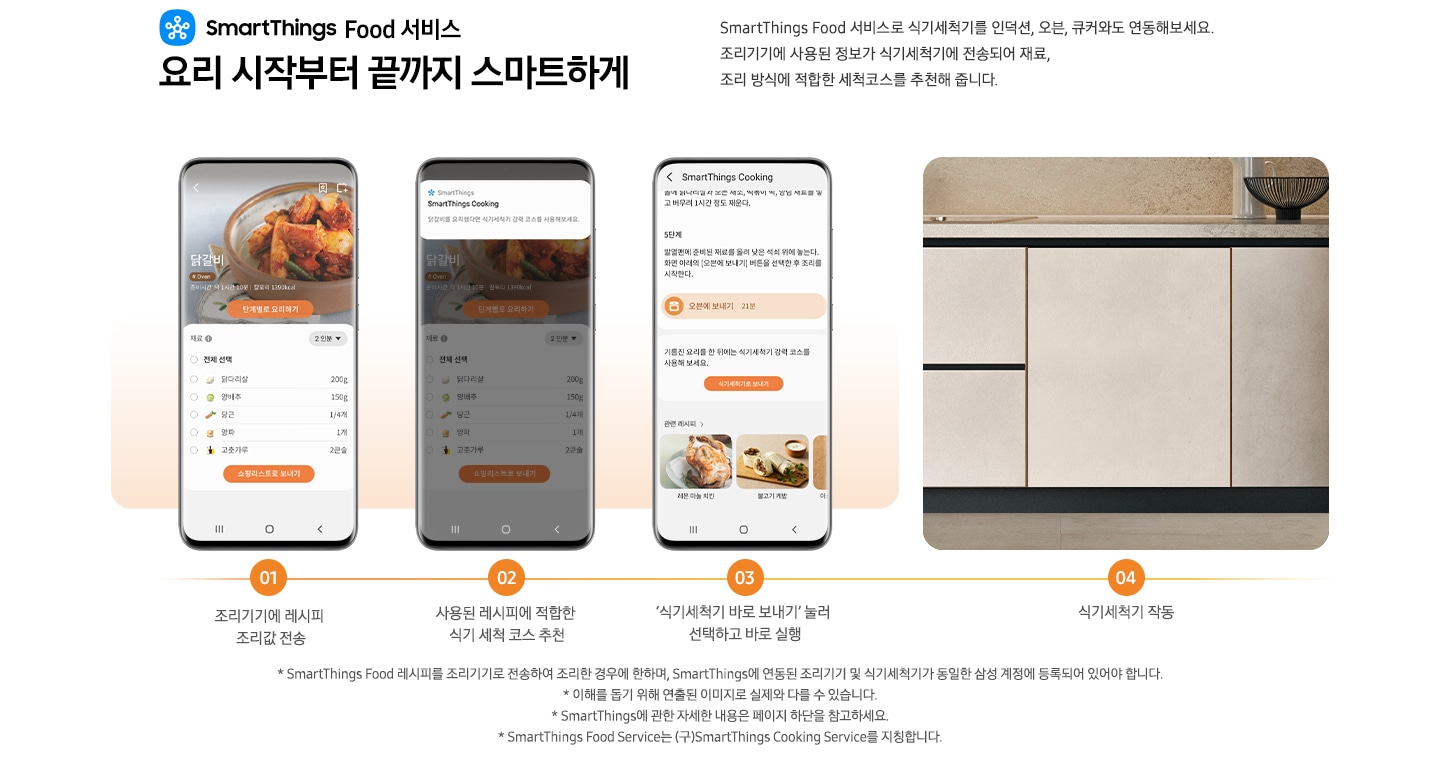 SmartThings Food 서비스 요리 시작부터 끝까지 스마트하게. SmartThings Food 서비스로 식기세척기를 인덕션, 오븐, 큐커와도 연동해 보세요. 조리기기에 사용도니 정보가 식기세척기에 전송되어 재료, 조리 방식에 적합한 세척코스를 추천해 줍니다. 문구 하단에는 이미지가 나와있습니다. 좌측부터 스마트폰 앱 UI 화면으로 좌측부터 닭갈비 재료 소개 화면-01 조리기기에 레시피 조리값 전송, 스마트싱스 앱 알림 화면-02 사용된 레시피에 적합한 식기 세척 코스 추천, 스마트싱스 쿠킹 레시피 하단에 식기세척기로 보내기 버튼이 나와있는 앱 화면-03'식기세척기 바로 보내기' 눌러 선택하고 바로 실행 문구와 앱 화면, 베이지톤 하부장에 BESPOKE 식기세척기 트루빌트인 모델이 설치된 이미지-04 식기세척기 작동 문구와 이미지가 나와있습니다. *SmartThings Food 레시피를 조리기기로 전송하여 조리한 경우에 한하며, SmartThings에 연동된 조리기기 및 식기세척기가 동일한 삼성 계정에 등록되어 있어야 합니다. *이해를 돕기 위해 연출된 이미지로 실제와 다를 수 있습니다. *SmartThings에 관한 자세한 내용은 페이지 하단을 참고하세요. *SmartThings Food Service는 (구)SmartThings Cooking Service를 지칭합니다.