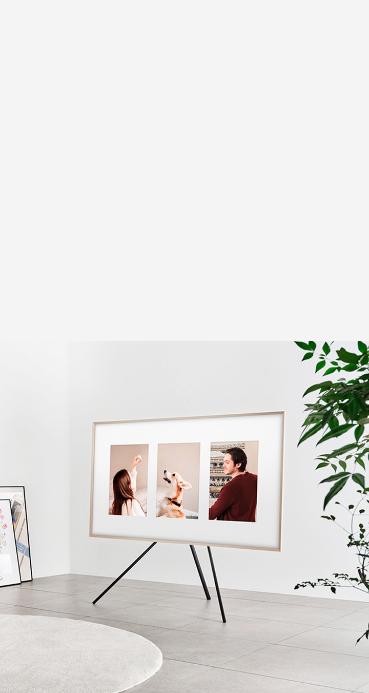 스탠드에 TV가 가로로 설치되어 있습니다. 화면에는 사람과 강아지의 사진이 보입니다.