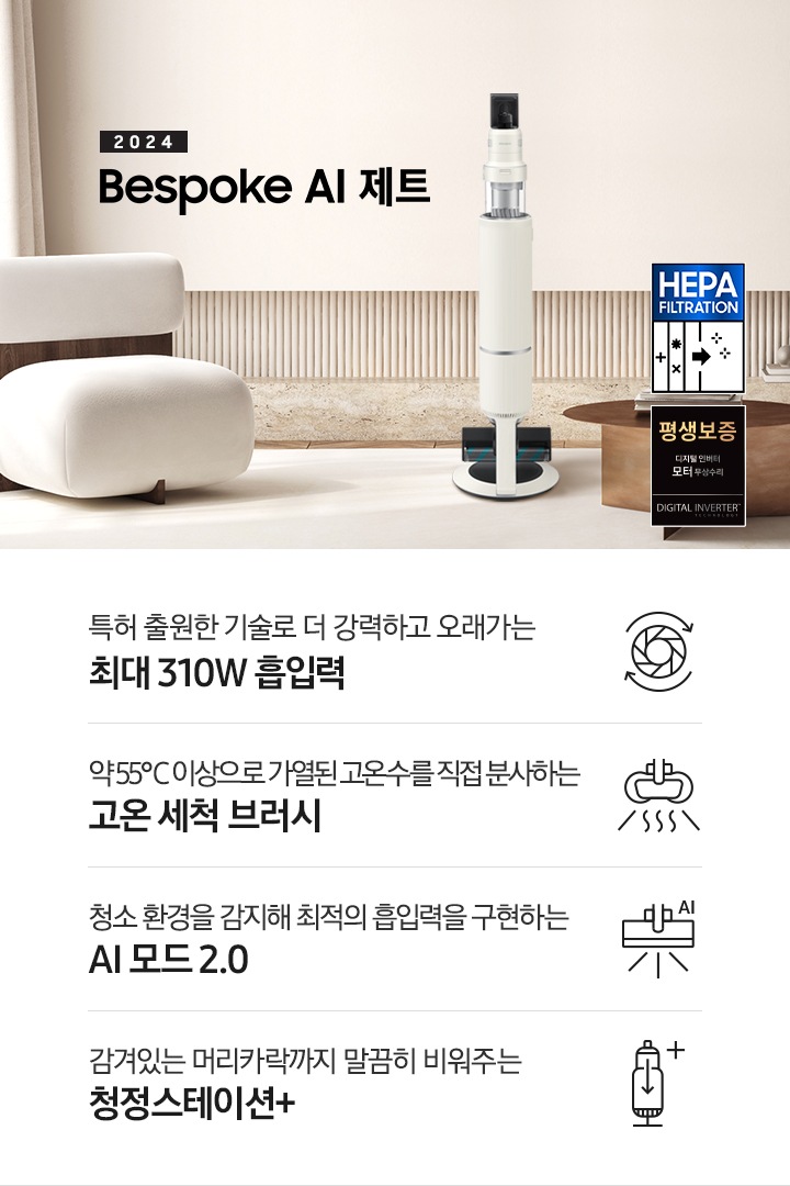 화이트톤의 거실 전경 가운데 BESPOKE 제트 310W가 서 있습니다. 왼쪽에는 등받이 부분이 나무로 되어있는 밝은 베이지 톤의 패브릭 소파 1인용이 놓여 있습니다. 벽면에는 우드 컬러의 템바 보드가 벽면 하단 반쯤 연결되어 붙어 있고 그 아래 대리석 테이블이 길게 놓여 있습니다. 청소기 오른쪽에는 원목 원형 테이블이 있고 그 위에 잡지 몇 권이 올려져 있습니다. 테이블 오른쪽으로는 왼쪽에 있는 소파와 동일한 컬러와 동일한 소재의 반 곡선 모양의 소파가 길게 놓여 있습니다. 오른쪽 위로는 원형과 긴 타원형 오브제가 연결된 태의 전등이 보입니다. 바닥에는 소파와 동일한 컬러감의 러그가 크게 깔려 있습니다. 이미지 오른쪽 하단에는 디지털 인버터 모터 무상수리 아이콘과 헤파필터 아이콘이 있습니다. 하단 제품 특장점으로는 청소기 내부 모터가 회전하는 아이콘과 함께 특허 출원한 기술로 더 강력하고 오래가는 최대310W 흡입력, 고온수 세척 브러시가 고온수를 분사하는 아이콘과 함께 약 55℃ 이상으로 가열된 고온수를 직접 분사하는 고온수 세척 브러시, 브러시가 AI로 흡입력을 변경하는 아이콘과 함께 청소 환경을 감지해 최적의 흡입력을 구현하는 AI 모드 2.0, 청정 스테이션 아이콘과 함께 감겨있는 머리카락까지 말끔히 비워주는 청정 스테이션 + 라는 문구가 적혀 있습니다.