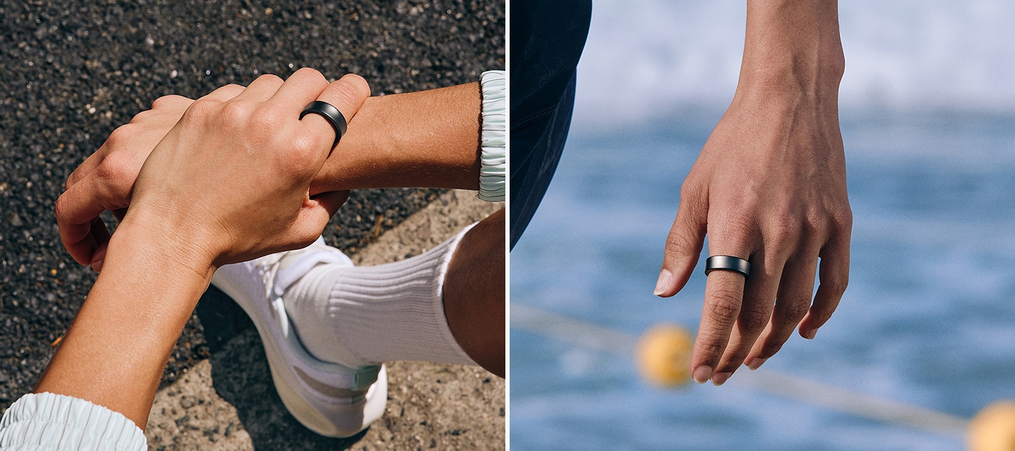 1) 갤럭시 링을 손가락에 착용한 사람이 운동 중 휴식을 취하고 있습니다. 2) 갤럭시 링을 손가락에 착용한 사람이 해변을 산책하고 있습니다.