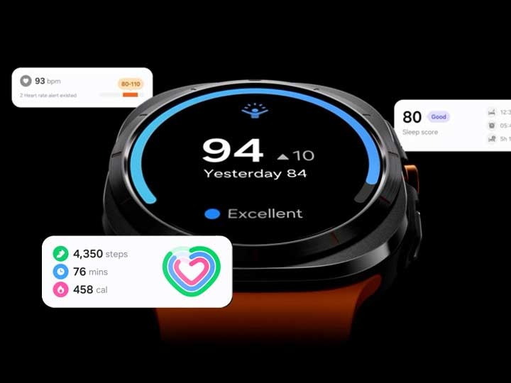 갤럭시 워치 울트라 주변에 각각 수면 점수, 걸음 수, 심박수에 대한 건강 측정 기준이 다른 카드와 함께 화면에 에너지 점수가 표시됩니다.