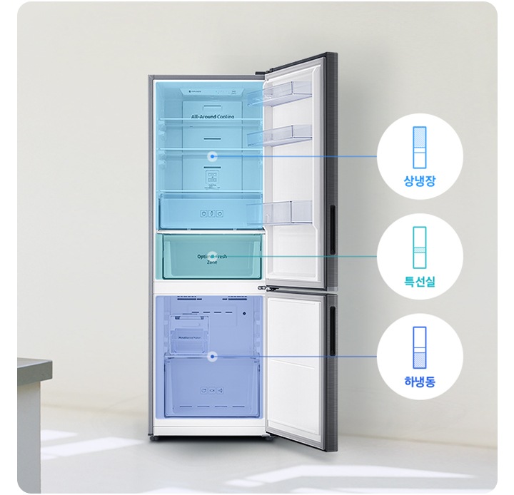 주방 한켠에 상하칸 도어가 열린 제품이 보여지고, 상냉장, 특선실, 하냉동을 나타내는 아이콘과 텍스트가 각 위치를 가리키고 있습니다.