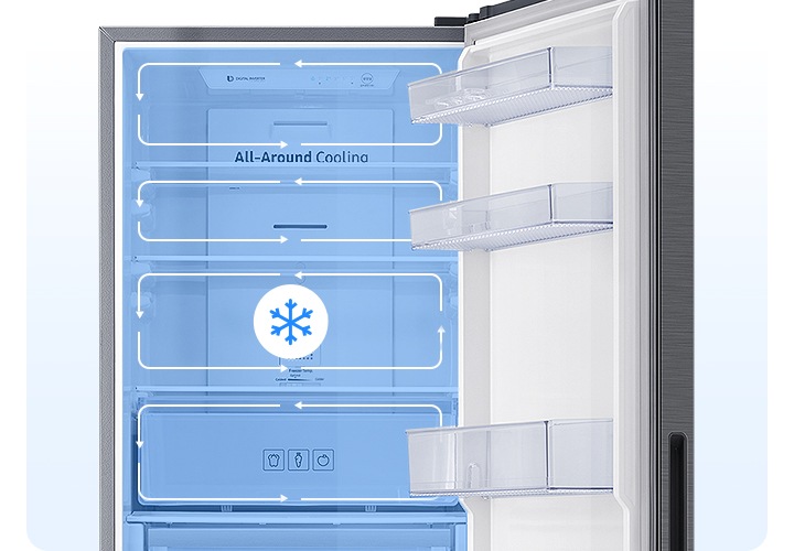 냉장고 상단 부분을 확대하여 선반마다 화살표로 냉각이 가능함을 보여주고 있습니다