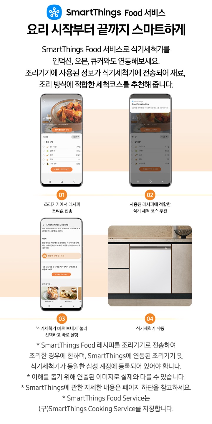SmartThings Food 서비스 요리 시작부터 끝까지 스마트하게. SmartThings Food 서비스로 식기세척기를 인덕션, 오븐, 큐커와도 연동해 보세요. 조리기기에 사용도니 정보가 식기세척기에 전송되어 재료, 조리 방식에 적합한 세척코스를 추천해 줍니다. 문구 하단에는 이미지가 나와있습니다. 좌측부터 스마트폰 앱 UI 화면으로 좌측부터 닭갈비 재료 소개 화면-01 조리기기에 레시피 조리값 전송, 스마트싱스 앱 알림 화면-02 사용된 레시피에 적합한 식기 세척 코스 추천, 스마트싱스 쿠킹 레시피 하단에 식기세척기로 보내기 버튼이 나와있는 앱 화면-03'식기세척기 바로 보내기' 눌러 선택하고 바로 실행 문구와 앱 화면, 베이지톤 하부장에 Infinite Line 식기세척기 타임리스 그레이지 모델이 설치된 이미지-04 식기세척기 작동 문구와 이미지가 나와있습니다. *SmartThings Food 레시피를 조리기기로 전송하여 조리한 경우에 한하며, SmartThings에 연동된 조리기기 및 식기세척기가 동일한 삼성 계정에 등록되어 있어야 합니다. *이해를 돕기 위해 연출된 이미지로 실제와 다를 수 있습니다. *SmartThings에 관한 자세한 내용은 페이지 하단을 참고하세요. *SmartThings Food Service는 (구)SmartThings Cooking Service를 지칭합니다.