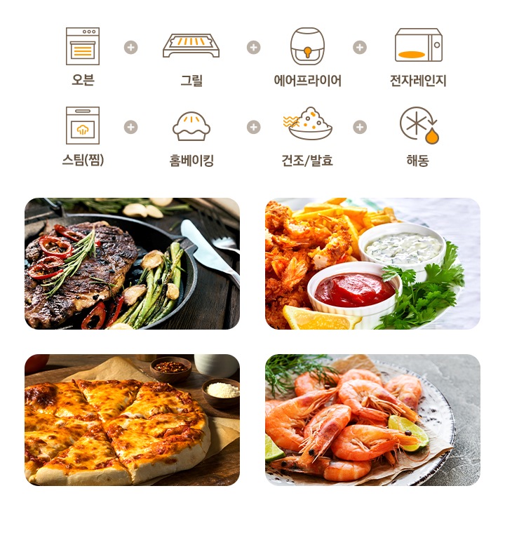 상단 좌측부터 오븐의 전체 기능을 설명할 수 있는 오븐 아이콘 + 그릴 아이콘 + 에어프라이어 아이콘 + 전자레인지 아이콘 + 스팀(찜) 아이콘 + 홈베이킹 아이콘 + 건조/발효 아이콘 + 해동/보온 아이콘이 일렬로 배치되어 있으며, 아래는 좌측부터 시계방향으로 스테이크 요리 사진, 새우 튀김 요리 사진, 피자 요리 사진, 찐 새우 요리 사진이 있습니다.
