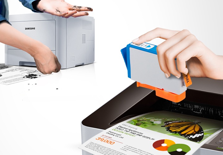 삼성 정품 잉크가 고장 없이 안전함을 보여주는 컷으로서, 좌측에 비정품잉크를 사용한 프린터는 잉크고장이 났고, 우측에 삼성 정품 잉크를 사용한 프린터는 고장없이 출력물이 보이고 있습니다.