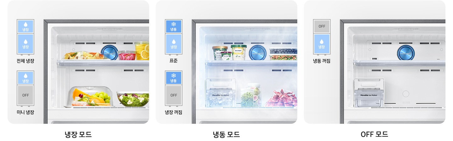 냉동실을 기준으로 냉장 모드/냉동 모드/OFF 모드가 나와있는 이미지 입니다. 냉장 모드-냉동실 안에 과일과 채소 등 각종 냉장 식품이 들어있는 연출 이미지 입니다. 냉동실 내상컷 좌측에는 냉동실과 냉장실이 모두 냉장 모드인 전체 냉장 문구와 냉장고 일러스트, 냉동실은 냉장 모드, 냉장실은 OFF 상태인 미니 냉장 모드 문구와 일러스트가 나와있습니다. 냉동 모드-냉동실 안에 아이스크림과 아이스메이커 등 각종 냉동식품이 들어있는 연출 이미지 입니다. 냉동실 내상컷 좌측에는 냉동실은 냉동 모드, 냉장실은 냉장 모드인 표준 문구와 냉장고 일러스트, 냉동실은 냉동 모드, 냉장실은 OFF 상태인 냉장 꺼짐 문구와 냉장고 일러스트가 나와있습니다. OFF 모드-비어있는 냉동실 내상컷이 나와있습니다. 내상컷 좌측에는 냉동실은 OFF 상태, 냉장실은 냉장 모드인 냉동 꺼짐 문구와 냉장고 일러스트가 나와있습니다.