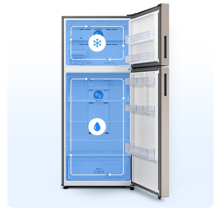 상하칸 도어가 열린 냉장고 제품이 보여지고 냉장/냉동 각 칸에 독립냉각을 나타내는 인포그래픽이 보여집니다.
