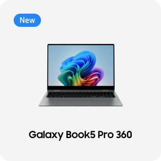 왼쪽 상단에 new 태그가 있으며,갤럭시 북5 Pro 360가 정면에 배치되어 있음 하단에 Galaxy Book5 Pro 360라고 텍스트가 있다.  배너 클릭 시 제품 상세페이지로 이동