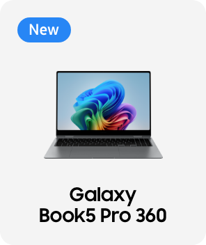 왼쪽 상단에 new 태그가 있으며,갤럭시 북5 Pro 360가 정면에 배치되어 있음 하단에 Galaxy Book5 Pro 360라고 텍스트가 있다.  배너 클릭 시 제품 상세페이지로 이동