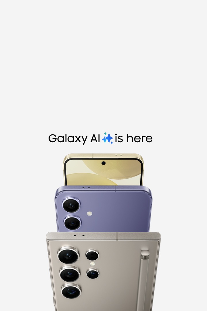 Galaxy AI is here. 갤럭시 S24 Ultra, S24+, S24 세 개의 갤럭시 S24 시리즈 스마트폰이 나란히 놓여있습니다.