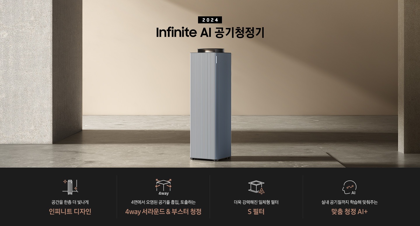 베이지 톤의 넓은 공간이 보입니다. 대리석 바닥 좌우로 기둥이 있고 그 가운에 BESPOKE 큐브™ Air Infinite Line 100㎡이 서 있습니다. 공기청정기 위로는 2024 BESPOKE 큐브™ Air Infinite Line이라는 문구가 적혀 있습니다.하단 제품 특장점에는 BESPOKE 큐브™ Air Infinite Line 아이콘이 반짝이는 효과를 준 아이콘과 함께 공간을 한층 더 빛나게 인피니트 디자인이라는 문구가 적혀 있습니다. 두 번째에는 사각의 공기청정기 사면으로 공기가 토출되는 모습의 화살표 아이콘과 함께 4way, 4면에서 오염된 공기를 흡입, 토출하는 4way 서라운드 & 부스터 청정이라는 문구가 적혀 있습니다. 세 번째로는 사각 박스 모양의 S 필터 옆 나무가 그려진 아이콘이 있고 더욱 강력해진 일체형 필터 S 필터라는 문구가 적혀 있습니다. 네 번째로는 사람의 옆모습 실루엣 안에 그래프가 그려져 있고 AI라고 적힌 아이콘과 함께 실내 공기질까지 학습해 맞춰주는 맞춤 청정 AI +라는 문구가 적혀 있습니다.