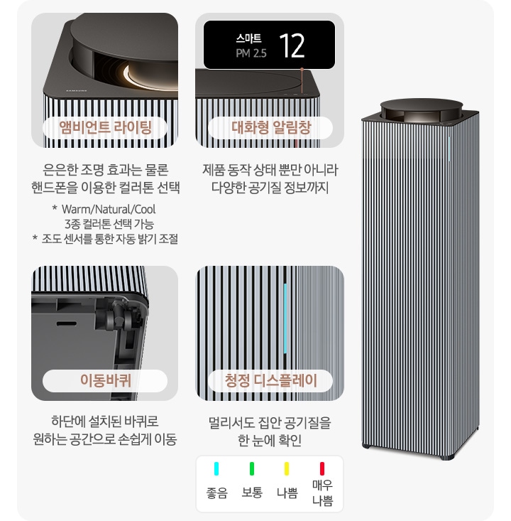 오른쪽에는 BESPOKE 큐브™ Air Infinite Line 공기청정기 우측 45도 각도로 서 있습니다. 공기청정기 왼쪽으로는 공기청정기의 다양한 기능에 대해 설명되어 있습니다. 첫 번째는 BESPOKE 큐브™ Air Infinite Line 30평 모델의 앰비언트 라이팅 부분이 확대되어 보입니다. 이미지 하단에는 앰비언트 라이팅 은은한 조명 효과는 물론 핸드폰을 이용한 컬러 콘 선택 가능 *Warm/Natural/Cool 3종 컬러톤 선택 가능 * 조도 센서를 통한 자동 밝기 조절 가능이라는 문구가 적혀 있습니다. 두 번째는 알림 창 부분이 확대되어 보입니다. 대화형 알림 창 제품 동작 상태부터 필터 교체 시기까지 친절하게 안내. 세 번째는 BESPOKE 큐브™ Air Infinite Line 30평 모델 하단의 이동바퀴 부분이 확대되어 보입니다. 하단에는 이동바퀴 하단에 설치된 바퀴로 원하는 공간으로 손쉽게 이동이라는 문구가 적혀 있습니다. 네 번째로는 디스플레이 알림 창 부분이 환대되어 보입니다. 위에는 파란색 막대 좋음, 초록색 막대 보통, 노란색 막대 나쁨, 빨간 새 막대 매우 나쁨으로 단계 별 알림 창 색상이 보입니다.