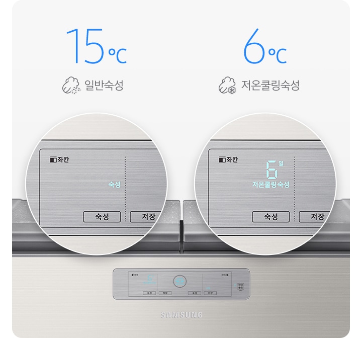 문이 닫힌 김치냉장고가 보이고 일반숙성모드와 저온쿨링숙성 모드시의 조작부 확대된 모습과 아이콘이 보여집니다.