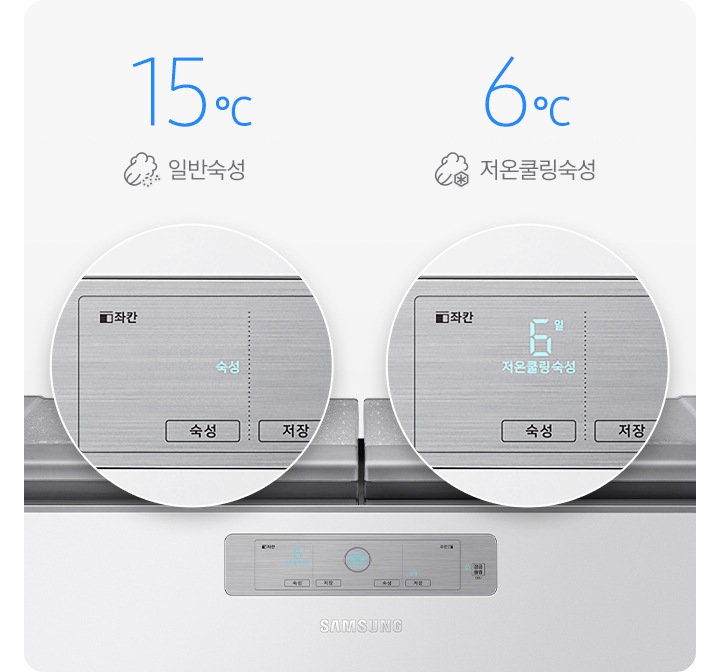 문이 닫힌 김치냉장고가 보이고 일반숙성모드와 저온쿨링숙성 모드시의 조작부 확대된 모습과 아이콘이 보여집니다.