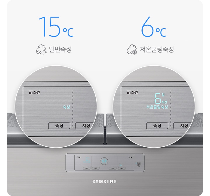 문이 닫힌 김치냉장고가 보이고 일반숙성모드와 저온쿨링숙성 모드시의 조작부 확대된 모습과 아이콘이 보여집니다.