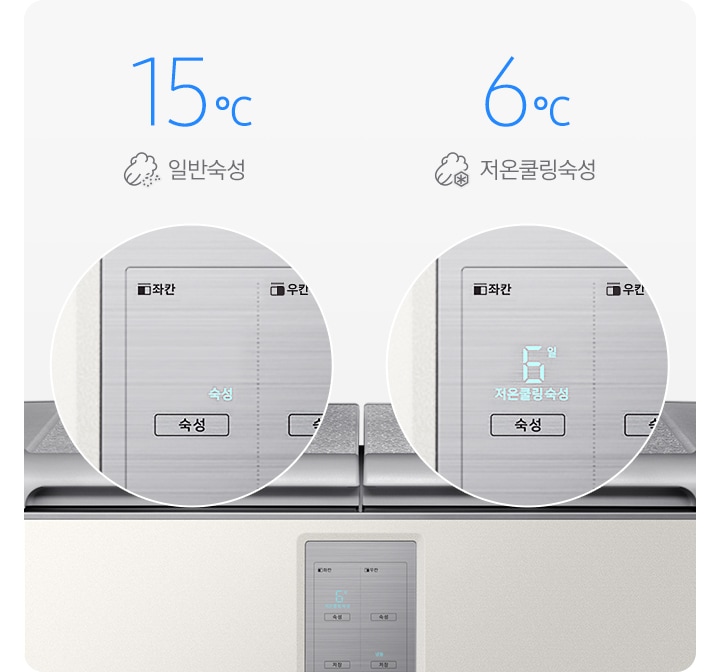 문이 닫힌 김치냉장고가 보이고 일반숙성모드와 저온쿨링숙성 모드시의 조작부 확대된 모습과 아이콘이 보여집니다.