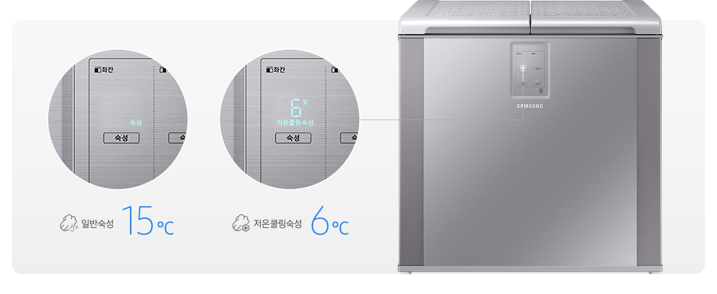 문이 닫힌 김치냉장고가 보이고 일반숙성모드와 저온쿨링숙성 모드시의 조작부 확대된 모습과 아이콘이 보여집니다.